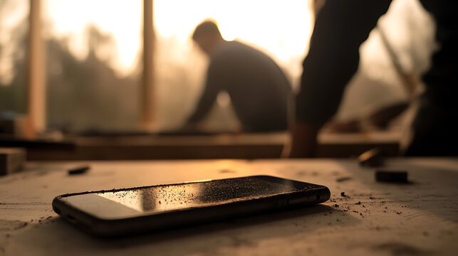 Dusty phone on work surface with blurred figures in the background. Represents construction, renovation, or a hands-on project environment.