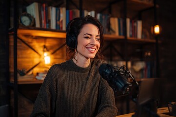 Smiling Woman Recording Podcast in Cozy Home Office with Bookshelf