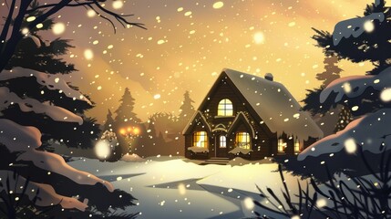 Horizontal vintage postcard with watercolor illustration for Christmas Eve, cozy village house in serene winter night scenery. Holiday theme with copy space for your message