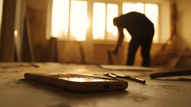 Dusty smartphone resting on a workbench amidst a home improvement project at sunset.