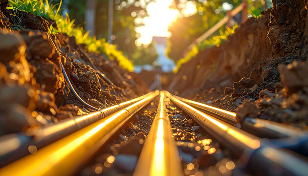 Yellow and black utility pipes laid in soil trench with grassy edges, extending toward sunlit trees and distant building.