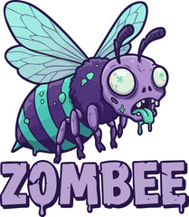 Cartoon zombee illustration with purple stripes and blue wings on a black background