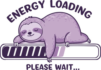 Cartoon sloth resting on a loading bar with energy loading text in purple tones