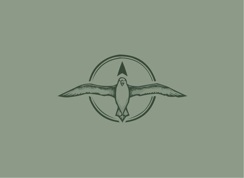Soaring seagull emblem with compass design, evocative of adventure, exploration, and freedom, perfect for travel brands, outdoor gear, or nautical themes