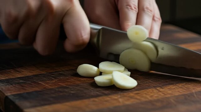 Chef slicing garlic cloves on wooden surface for culinary preparation
