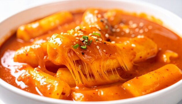 Close-up of a steaming bowl of Korean Tteokbokki, featuring chewy rice cakes coated in a vibrant, spicy red sauce with melted cheese stretching between them,...