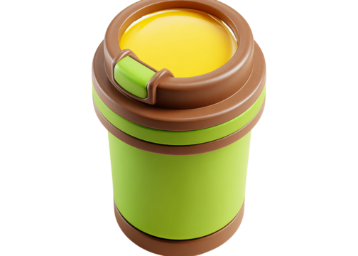 a brown and green shaker with an open lid, filled to the brim with yellow liquid, 3d icon design isolated on a transparent background in PNG format.