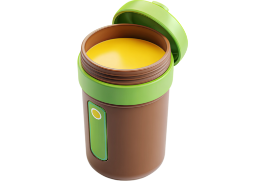 a brown and green shaker with an open lid, filled to the brim with yellow liquid, 3d icon design isolated on a transparent background in PNG format. - Powered by Adobe