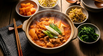 Delectable Korean Cuisine: A Steaming Bowl of Kimchi Stew With Side Dishes