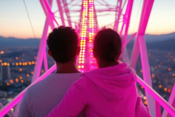 Couple Embracing on Ferris Wheel at Dusk: A romantic silhouette of a couple, seen from behind, shares a tender embrace atop a glowing pink Ferris wheel as the sun sets.