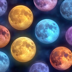 Obraz premium Seamless Pattern of Colorful Full Moons with Atmospheric Shadows