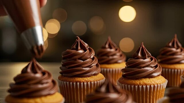 Chocolate frosting being piped onto freshly baked cupcakes with blurred lights