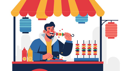 Satisfied Man Eating Skewers At A Street Food Stall With Lanterns