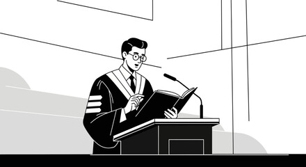 Scholar Delivers Address From Podium, Reading From Book, With Academic Attire and Glasses