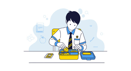 School Boy Preparing Lunchbox, A Wholesome Mealtime Experience In Line Art