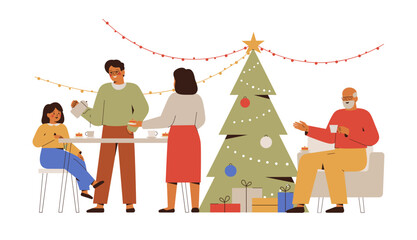 Big family near christmas tree in new year eve. Several generations: grandfather, father and mother, granddaughter celebrate winter holidays with tasty near decorative xmas fir. Vector illustration