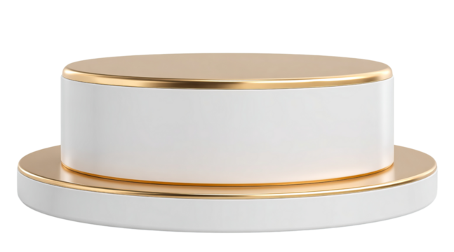 white podium with a golden top for product presentation isolated on a transparent background in PNG format.