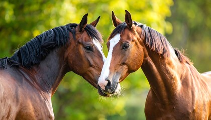 Obraz premium Two horses facing each other in a sunlit field