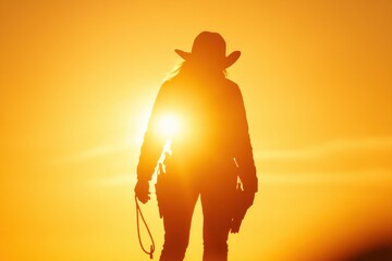 Cowgirl's Silhouette in the Sunset: A lone cowgirl stands silhouetted against the warm glow of the setting sun, hand holding a rope. The sky is filled with rich colors.