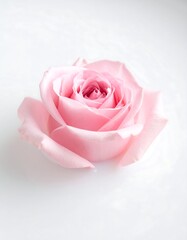 Fototapeta premium A close-up of a single, fully bloomed rose with delicate pink petals. It rests on a plain, white surface, bathed in soft, diffused light