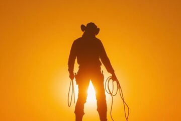 Cowboy Silhouette at Sunset: A solitary cowboy, silhouetted against a fiery sunset, embodies the spirit of the American West, rope in hand, reflecting strength and independence.