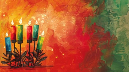 watercolor illustration, Kwanzaa Festival, multicolored candles, red green background, vintage postcard, horizontal banner, copy space, free space for text