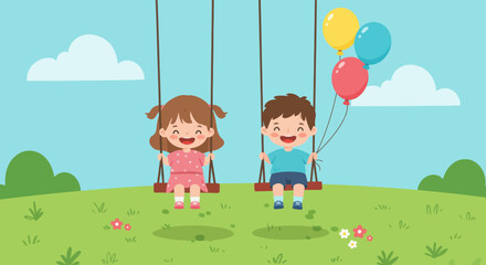 Happy young children joyfully swinging on swings with balloons in a park on a sunny day