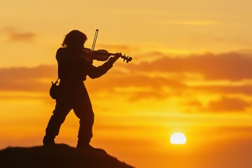 Melody of Dusk: A silhouette of a violinist, standing on a cliff, pours his soul into a beautiful melody against the backdrop of a sunset, evoking feelings of passion, beauty, and artistry.
