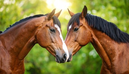 Fototapeta premium Two horses facing each other in a sunlit forest