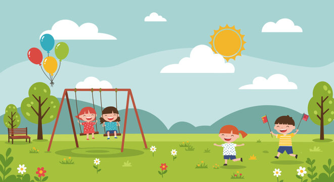 Happy Children Playing in a Sunny Park with Swings and Balloons
