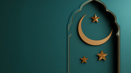 Golden Crescent and Stars: A decorative arch frames a golden crescent moon and stars against a dark teal wall, creating a celestial, serene ambiance.