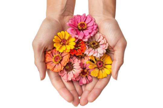 Delicate hands cradling a vibrant collection of colorful blossoms on a serene backdrop