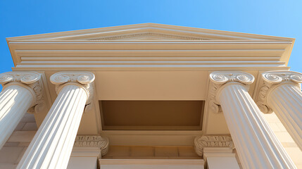 Architectural Columns and Pediment: A classic view of architecture with white columns, detailed capitals, and a simple triangular pediment against a clear blue sky.