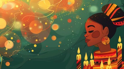 watercolor illustration, Kwanzaa Festival, portrait of a beautiful African American woman, candles, glowing green background, vintage postcard, horizontal banner, copy space, free space for text