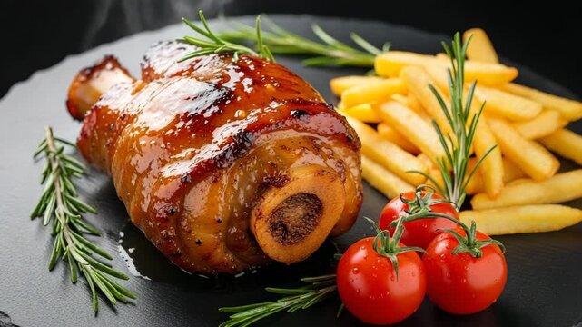 Roasted pork knuckle with French fries and tomatoes