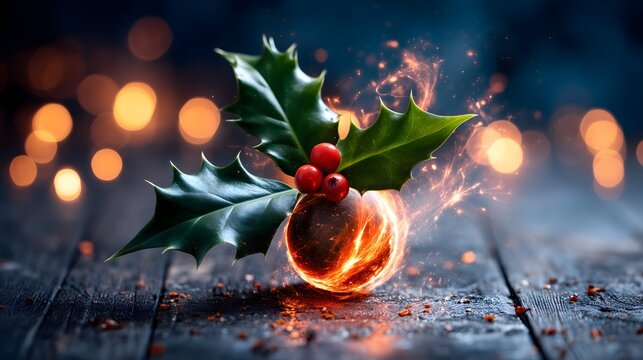 Christmas gifts with holly decoration on a dark festive background