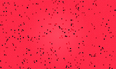 Red background with scattered black dots forming radial gradient pattern
