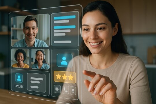 Virtual Meeting : A modern professional woman, engaged in a virtual meeting, interacts seamlessly with a holographic interface, showcasing the power of future-forward communication.