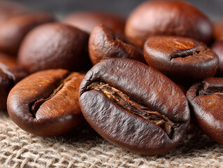 Obraz premium Makro ujęcie świeżo palonych ziaren kawy o intensywnie brązowym kolorze i widocznej bruździe, ułożonych na tle z juty. Kawa o głębokim smaku.