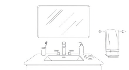 Hand drawn sketch of a bathroom vanity with sink faucet mirror toothbrush and toiletries isolated on white background