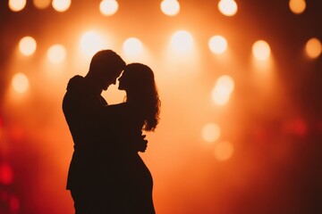 Intimate Embrace under Golden Lights: A tender moment captured as a silhouette of a couple embraces, bathed in the warm glow of soft, bokeh lights.