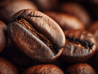 Obraz premium Ekstremalne zbliżenie na pojedyncze, świeżo palone ziarno kawy, leżące na stosie innych ziaren. Ziarno ma głęboki, ciemny kolor i widoczną bruzdę.