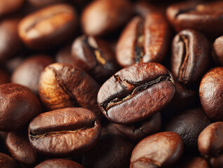 Naklejka premium Zbliżenie na stos palonych, lśniących ziaren kawy o bogatym, ciemnym, brązowym kolorze. Doskonała tekstura i szczegół dla miłośników kawy.