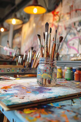 Fototapeta premium Artistic ambiance capturing brushes within a jar, reflecting a creative space