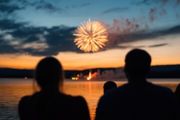 Fireworks Over Water: A vibrant fireworks display lights up the night sky, witnessed by silhouetted spectators along a serene waterfront.