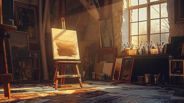 Sunlit artist studio with easel, canvas and painting tools creating an artistic space