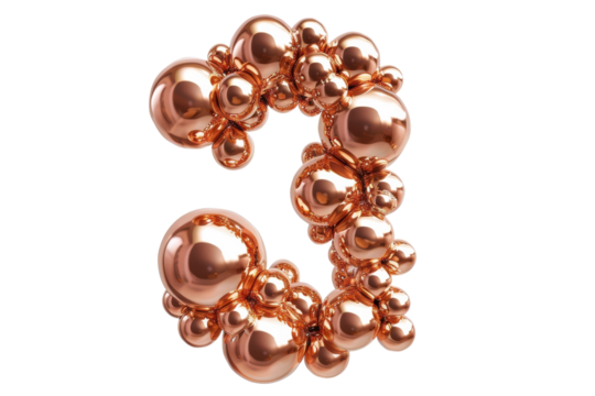 A whimsical arrangement of copper spheres forming the number five in a playful artistic style
