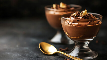 Two elegant desserts in glasses. Rich chocolate mousse with chocolate shavings, banana slices, and a golden spoon on a dark, textured backdrop.