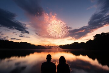 Serene Fireworks Spectacle: A couple witnesses a breathtaking fireworks display over a tranquil lake at dusk, silhouetted against the vibrant sky and capturing the magic of the moment.