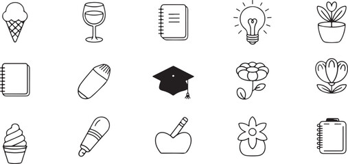 A collection of simple line art illustrations of various objects, including ice cream, wine glass, notebook, light bulb, graduation cap, flower, apple, and a clipboard